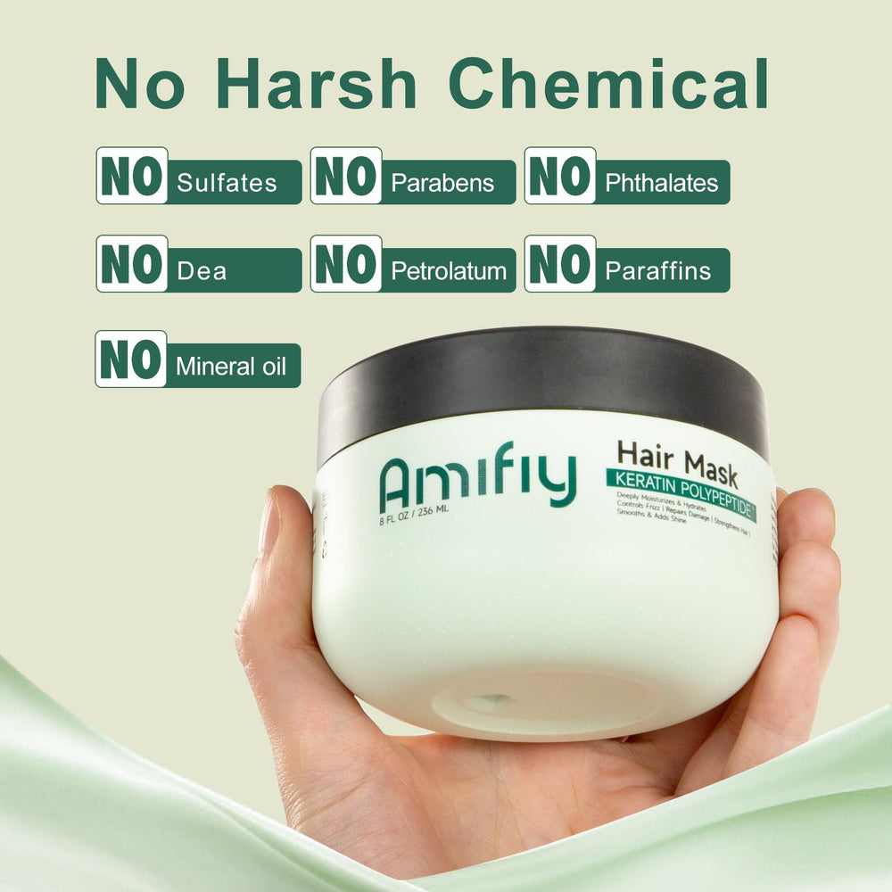 Fórmula sin sulfatos ni parabenos de Amifiy Keratin Mask para cuidado suave.