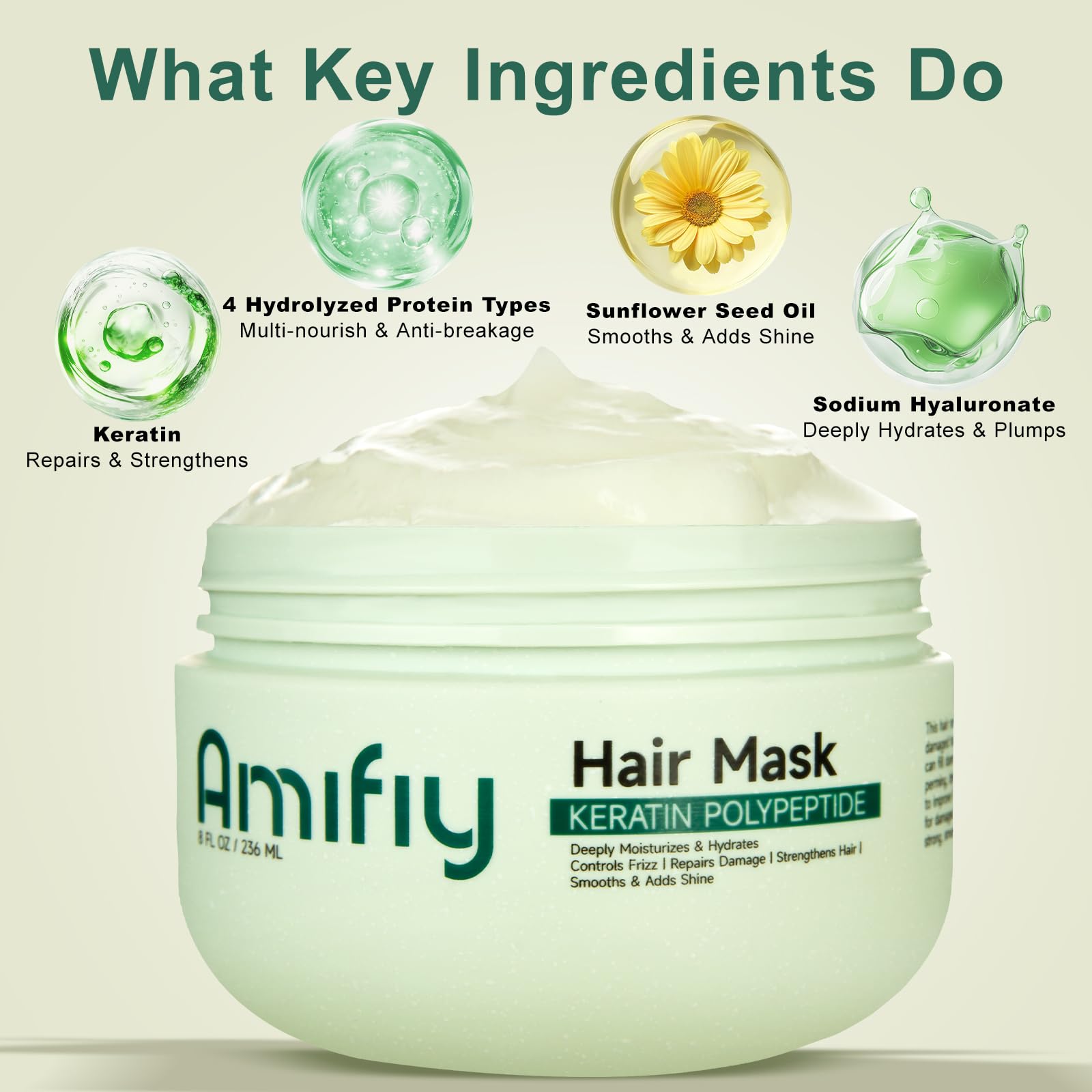 Amifiy Keratin Mask: textura cremosa para acondicionar cabello dañado con suavidad.