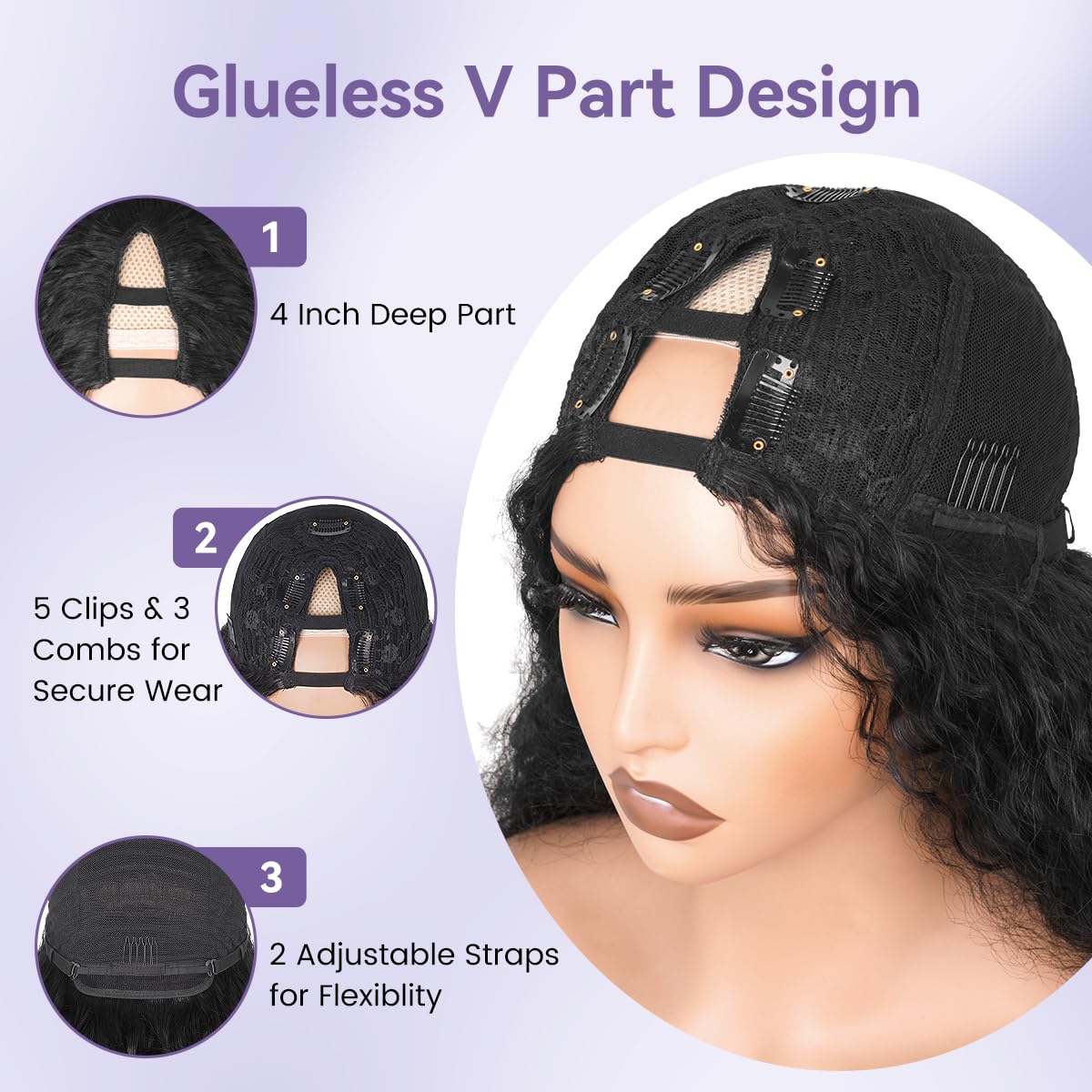 Aminow Afro Curly V Part Wig natural black hue suited for daily wear.