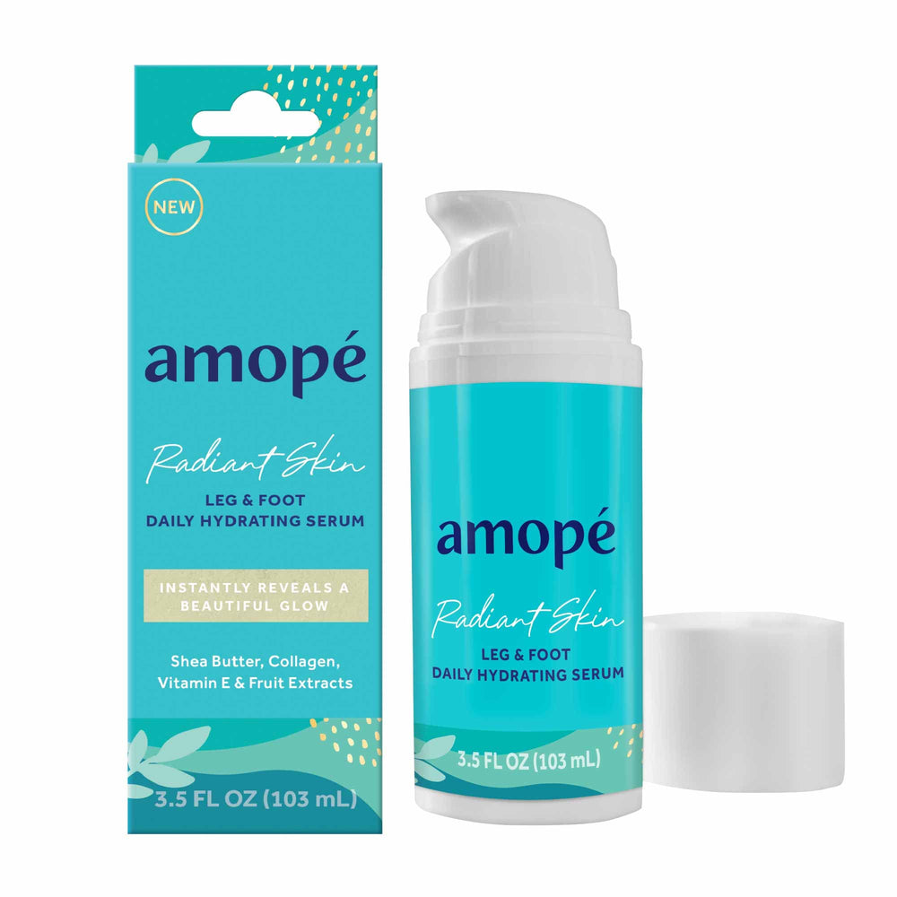 Amope suero hidratante para piernas y pies, botella visible, aporta hidratación duradera.