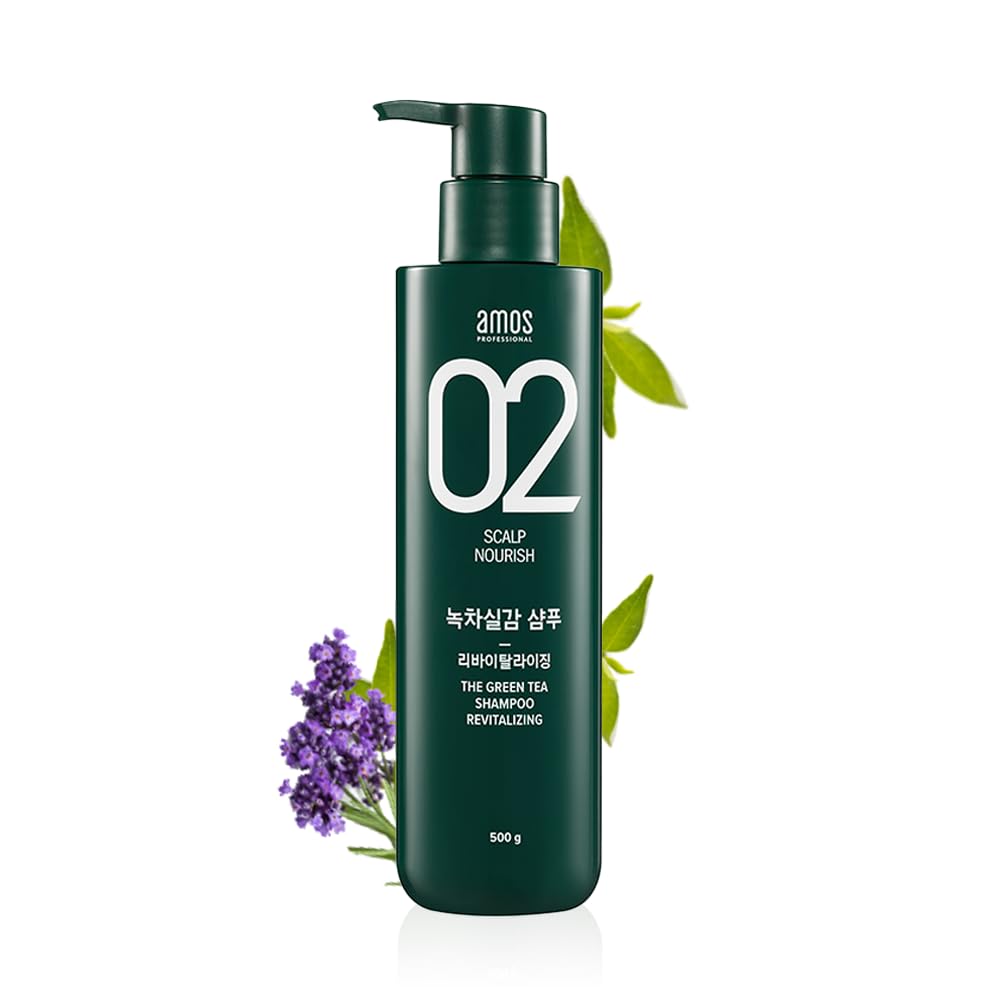 Amos Professional shampoo te verde botella: limpieza profunda para cuero cabelludo graso y sensación fresca.