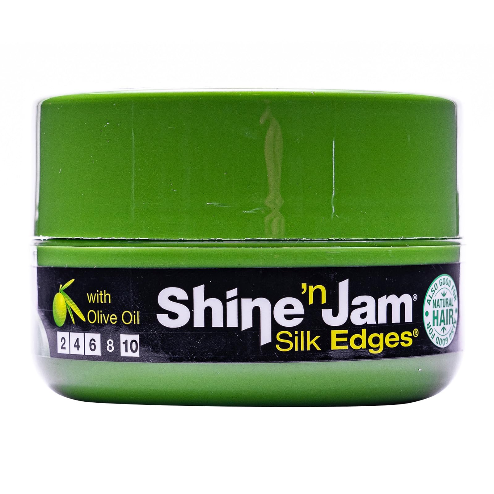 AmPro Shine-n-Jam Edges en botella, fijación firme y brillo suave para peinados elegantes.