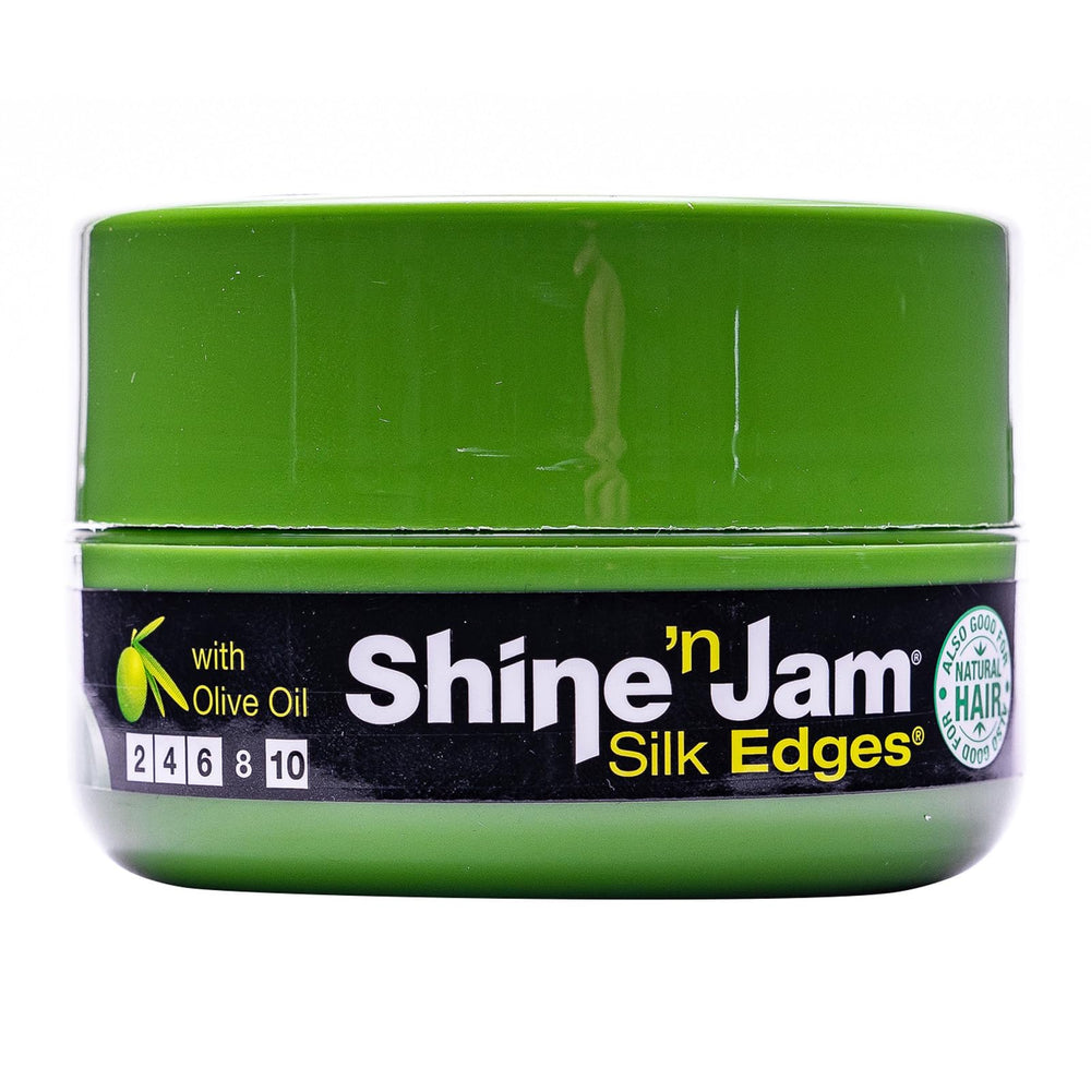 AmPro Shine-n-Jam Edges en botella, fijación firme y brillo suave para peinados elegantes.