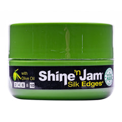 AmPro Shine-n-Jam Edges en botella, fijación firme y brillo suave para peinados elegantes.