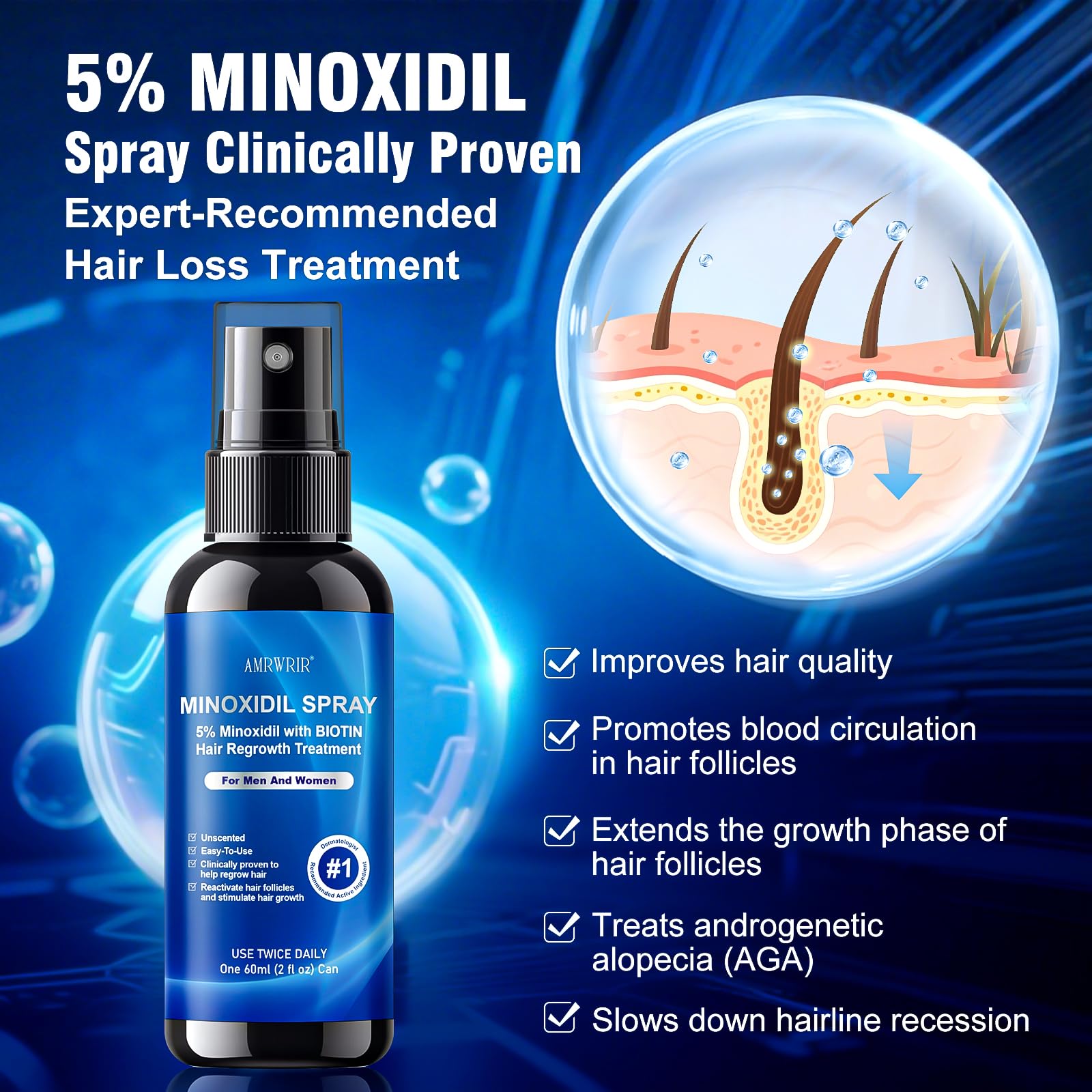 AMRWRIR Minoxidil Spray, aplicación en cabello para cobertura uniforme.