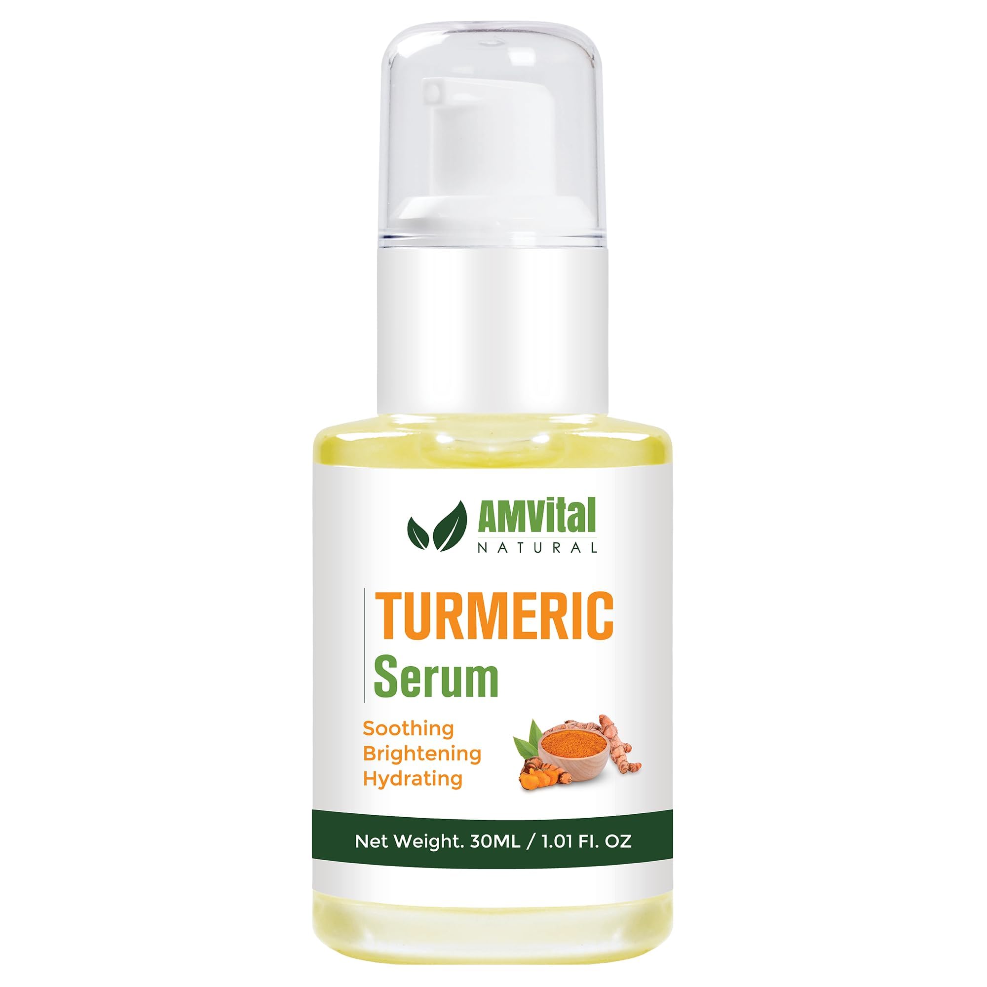 AMVital serum curcuma botella: enfoque en hidratación y tono uniforme.