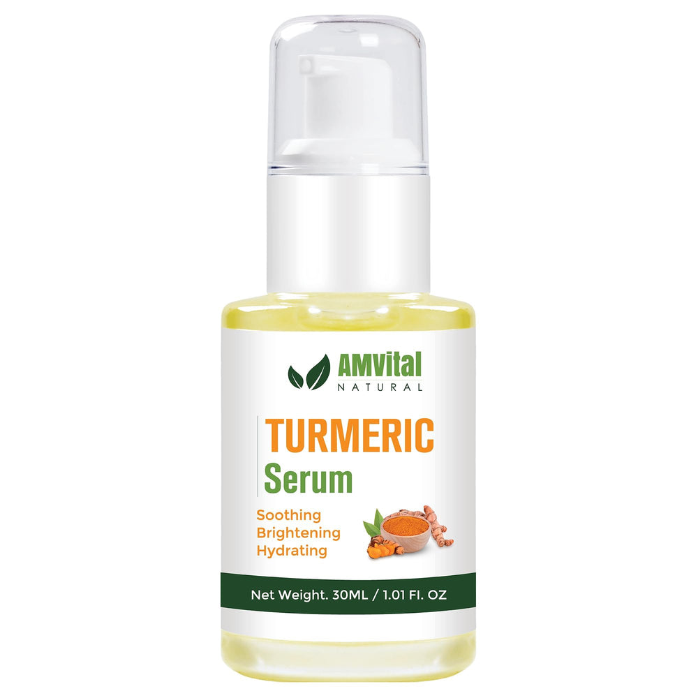AMVital serum curcuma botella: enfoque en hidratación y tono uniforme.