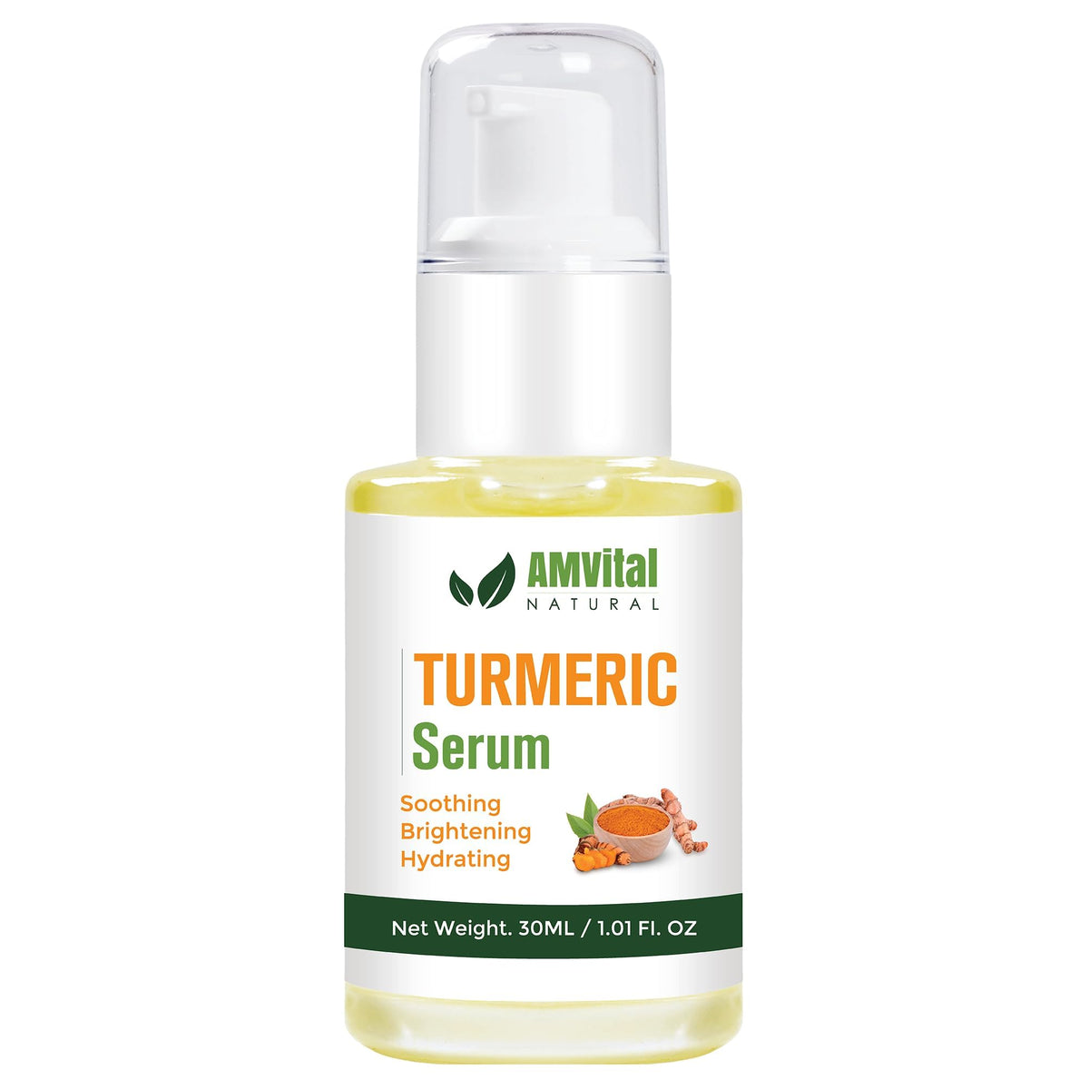 AMVital serum curcuma botella: enfoque en hidratación y tono uniforme.