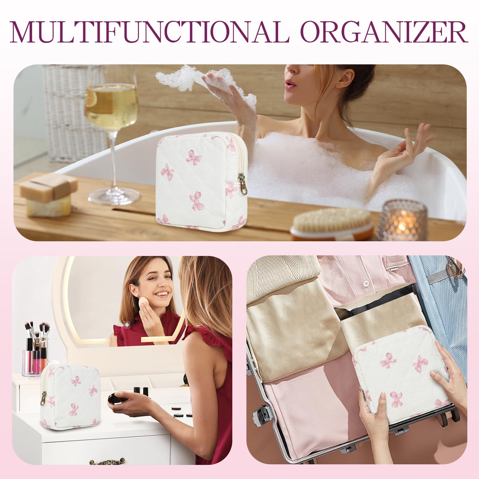 AMZMA bolso maquillaje floral acolchado, bolsillo interior para organización de accesorios.