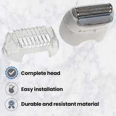 Braun replacement head packaging with blade, trim cap, and closing cap
