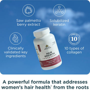 Ancient Nutrition Crecimiento de Cabello y Colágeno, cápsulas, apoyo al cabello, piel y uñas.