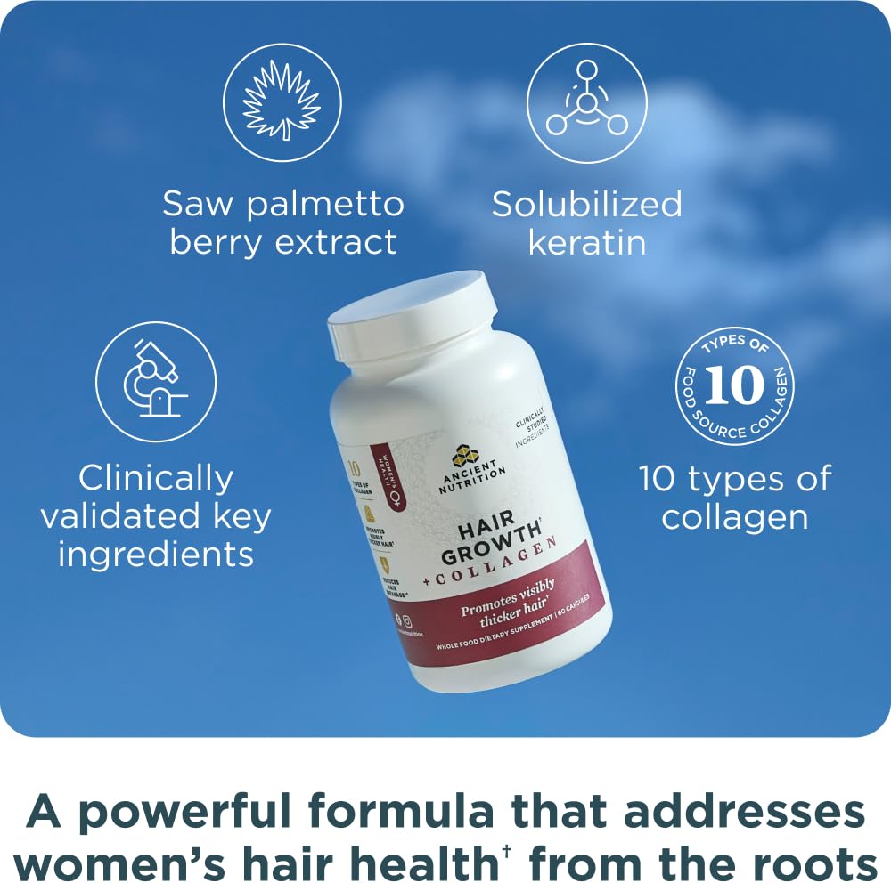 Ancient Nutrition Crecimiento de Cabello y Colágeno, cápsulas, apoyo al cabello, piel y uñas.