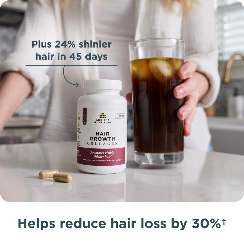 Ancient Nutrition Crecimiento de Cabello y Colágeno, toma diaria, práctica y conveniente.