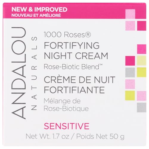 Andalou Naturals 1000 Roses Fortifying Night Cream jar close-up for overnight hydration.