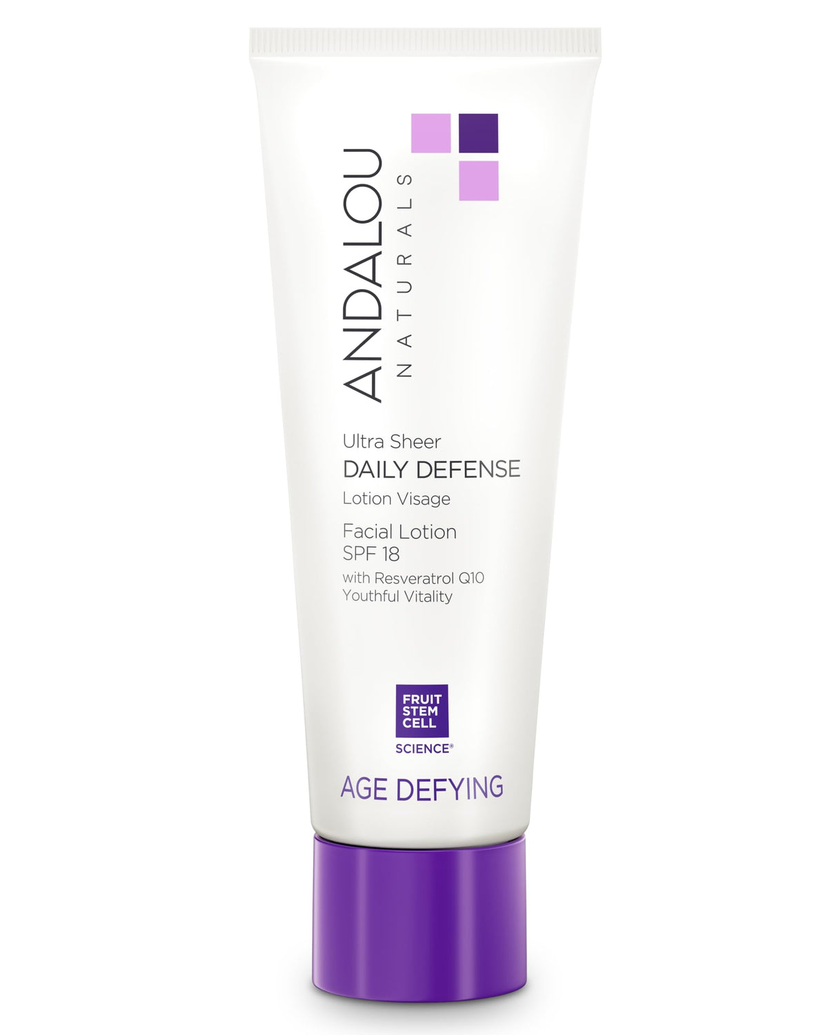 Andalou Naturals crema facial antienvejecimiento SPF 18, botella frontal para protección diaria.