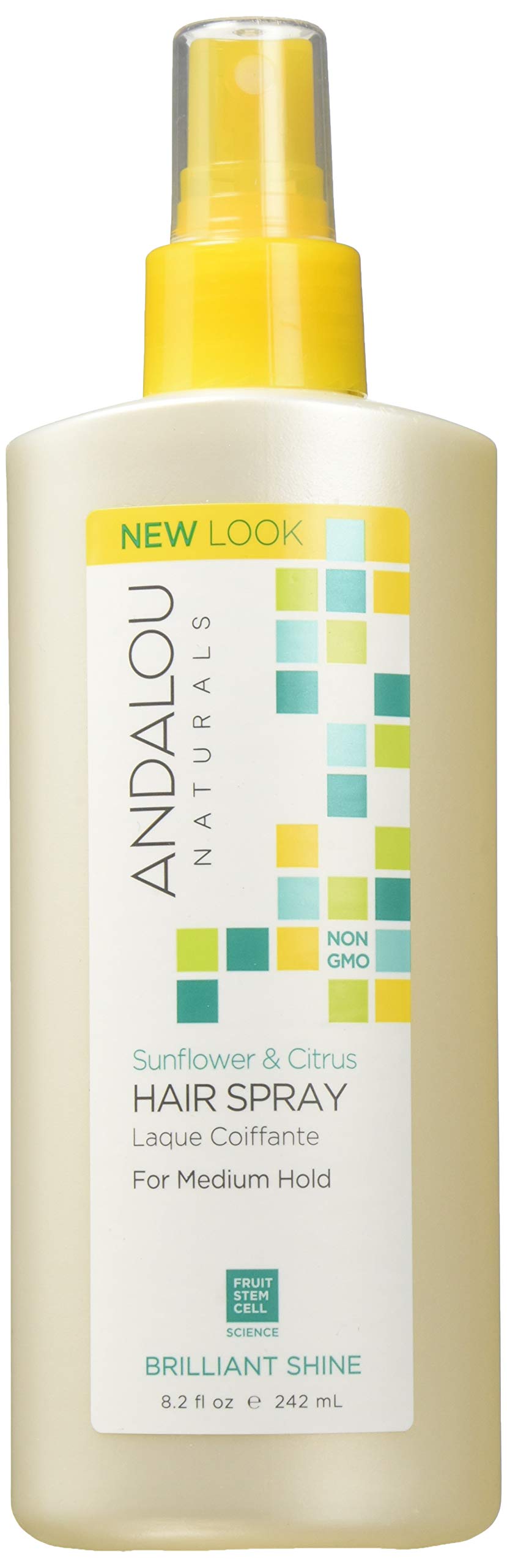 Andalou Naturals Medium Hold Hair Spray bottle with sunflower citrus, delivering flexible hold and natural shine.