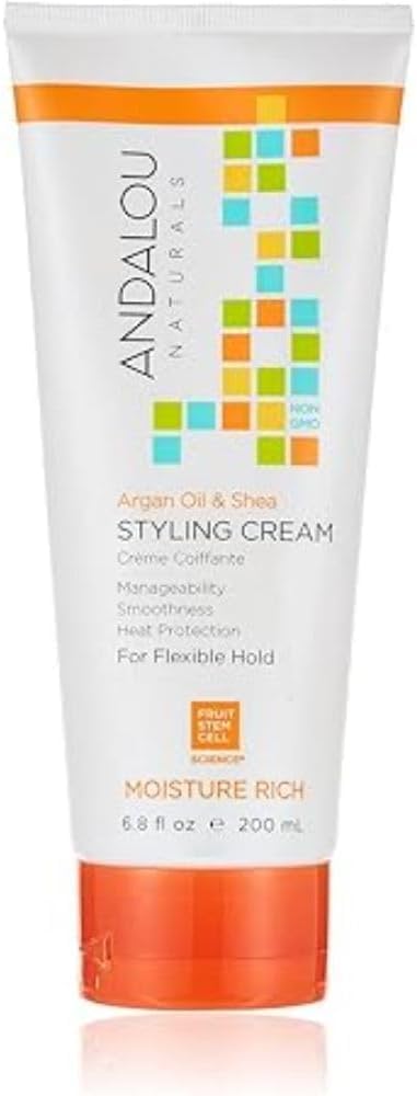Andalou Naturals Styling Cream packaging with argan oil and shea for moisture-rich hair.