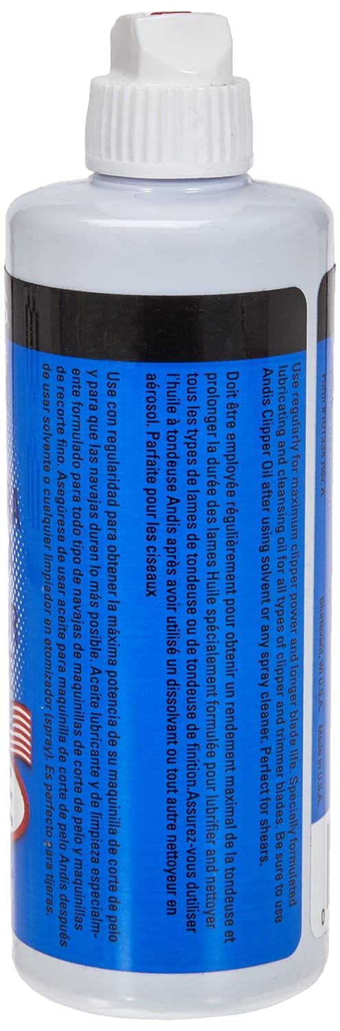 Aceite Andis para cortapelos, dientes y rodamientos, reduce fricción.