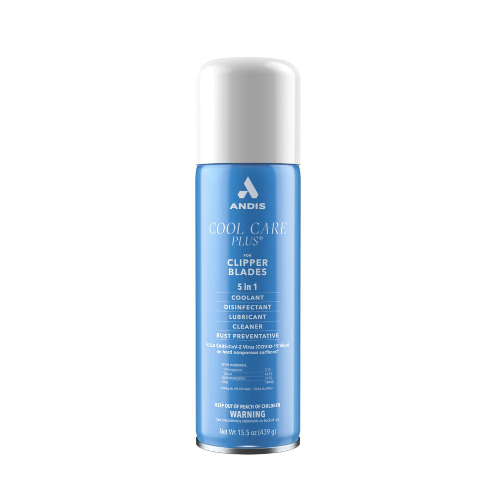 Andis Cool Care Plus, lata azul, detalle del envase para uso rápido entre cortes.