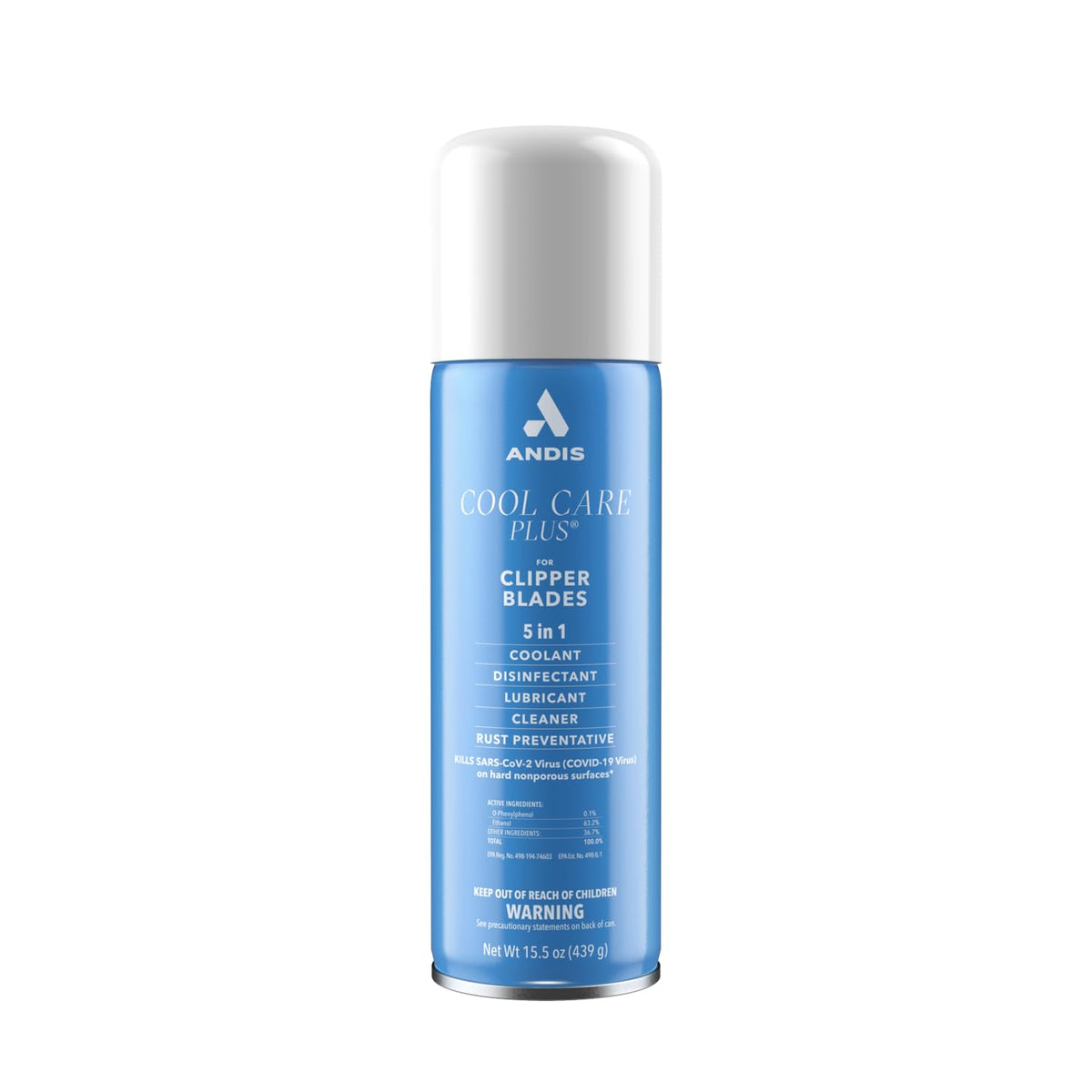 Andis Cool Care Plus, lata azul, detalle del envase para uso rápido entre cortes.