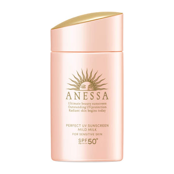 Protección UV de alta cobertura en frasco de leche de Anessa para rostro y cuerpo.