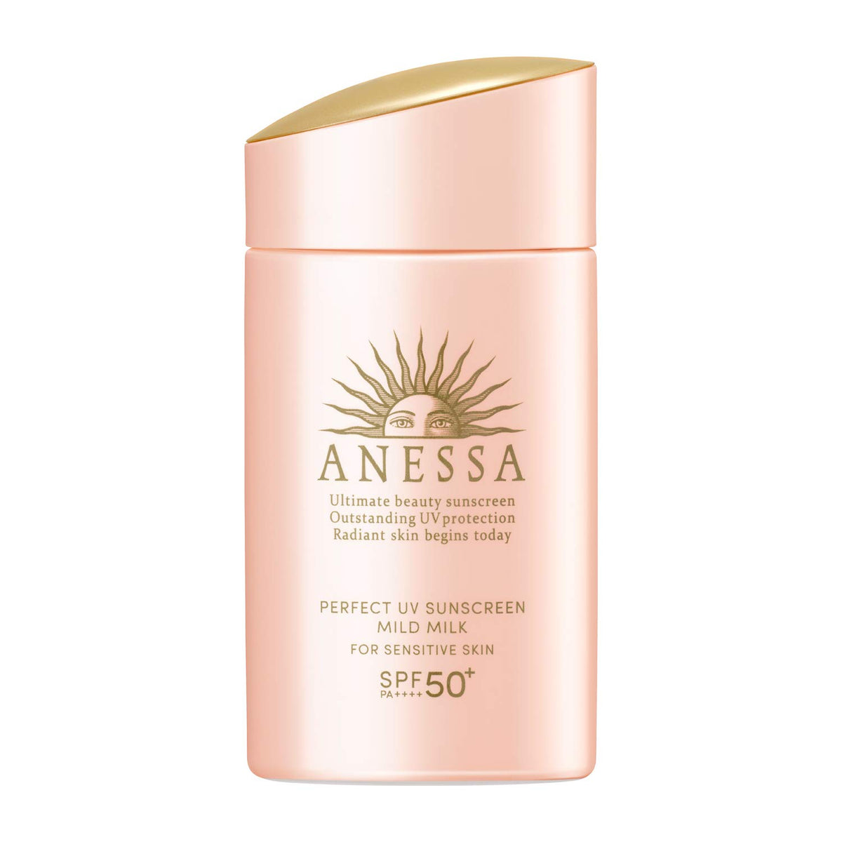 Protección UV de alta cobertura en frasco de leche de Anessa para rostro y cuerpo.
