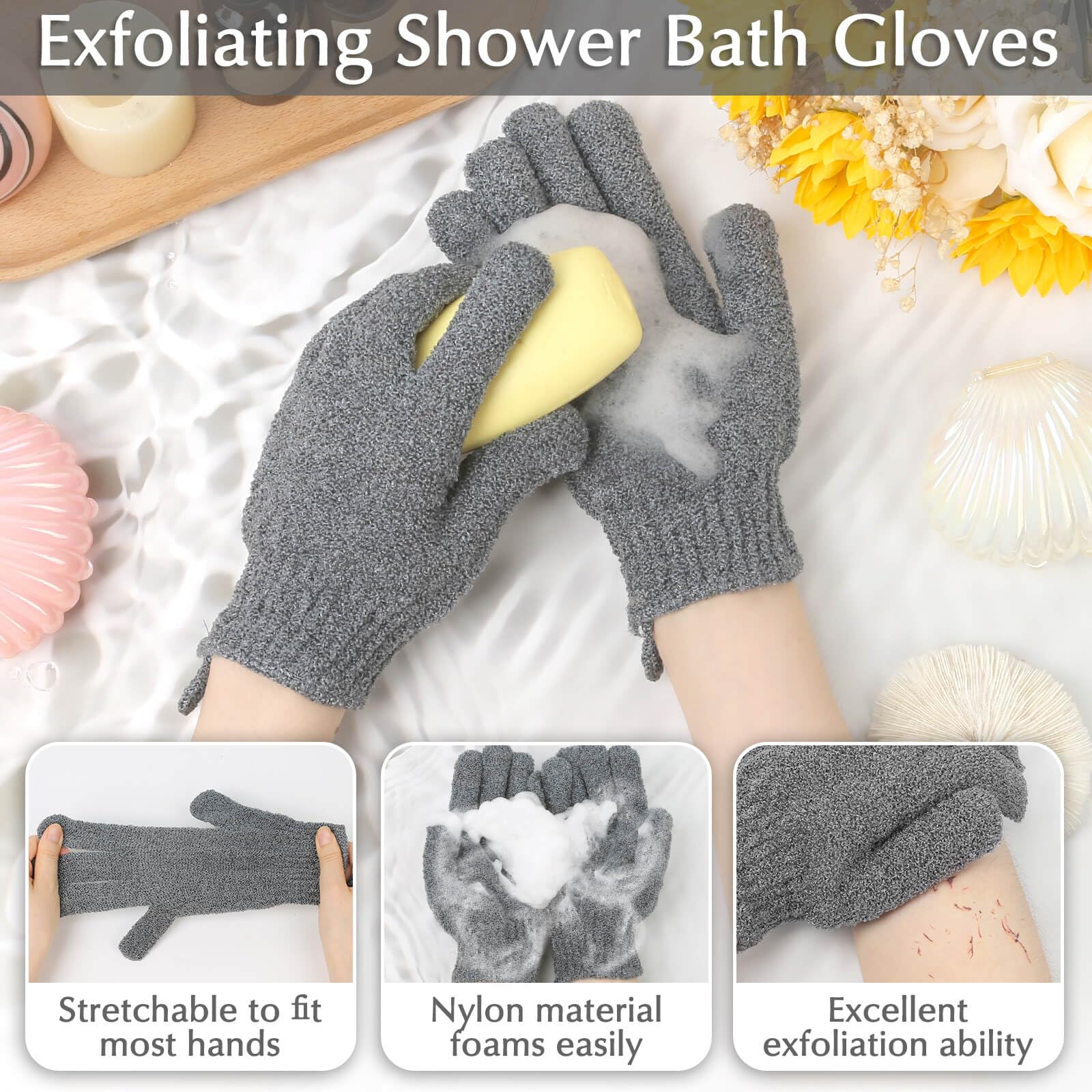 Guantes exfoliantes de nylon gris Anezus, frotado suave para piel sensible.