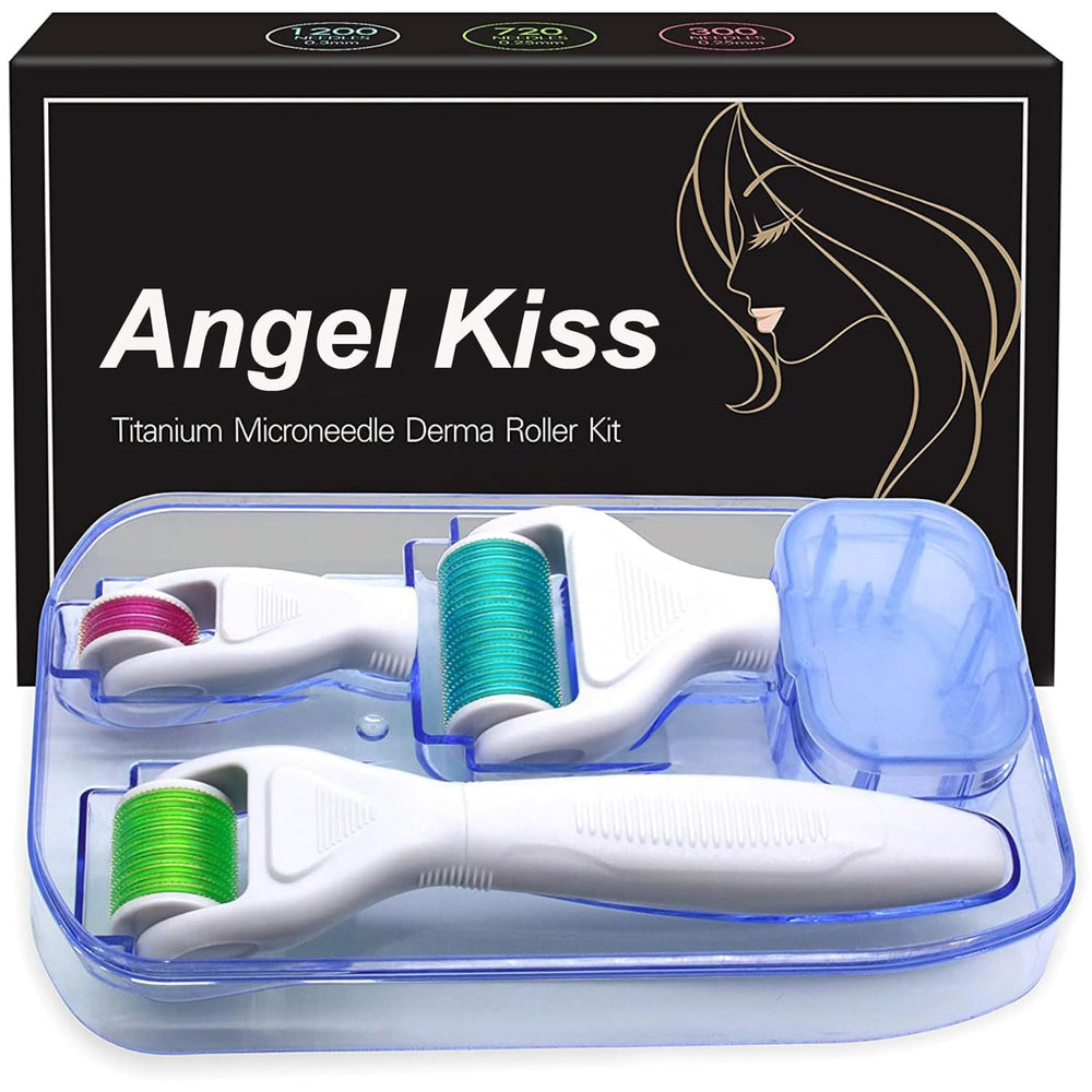 Angel Kiss rodillo de microagujas 4 en 1 para rostro y cuerpo, mejora textura de la piel.