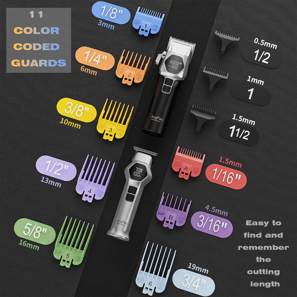 AngFan kit 8 peines codificados, ajuste rápido para fades y contornos.