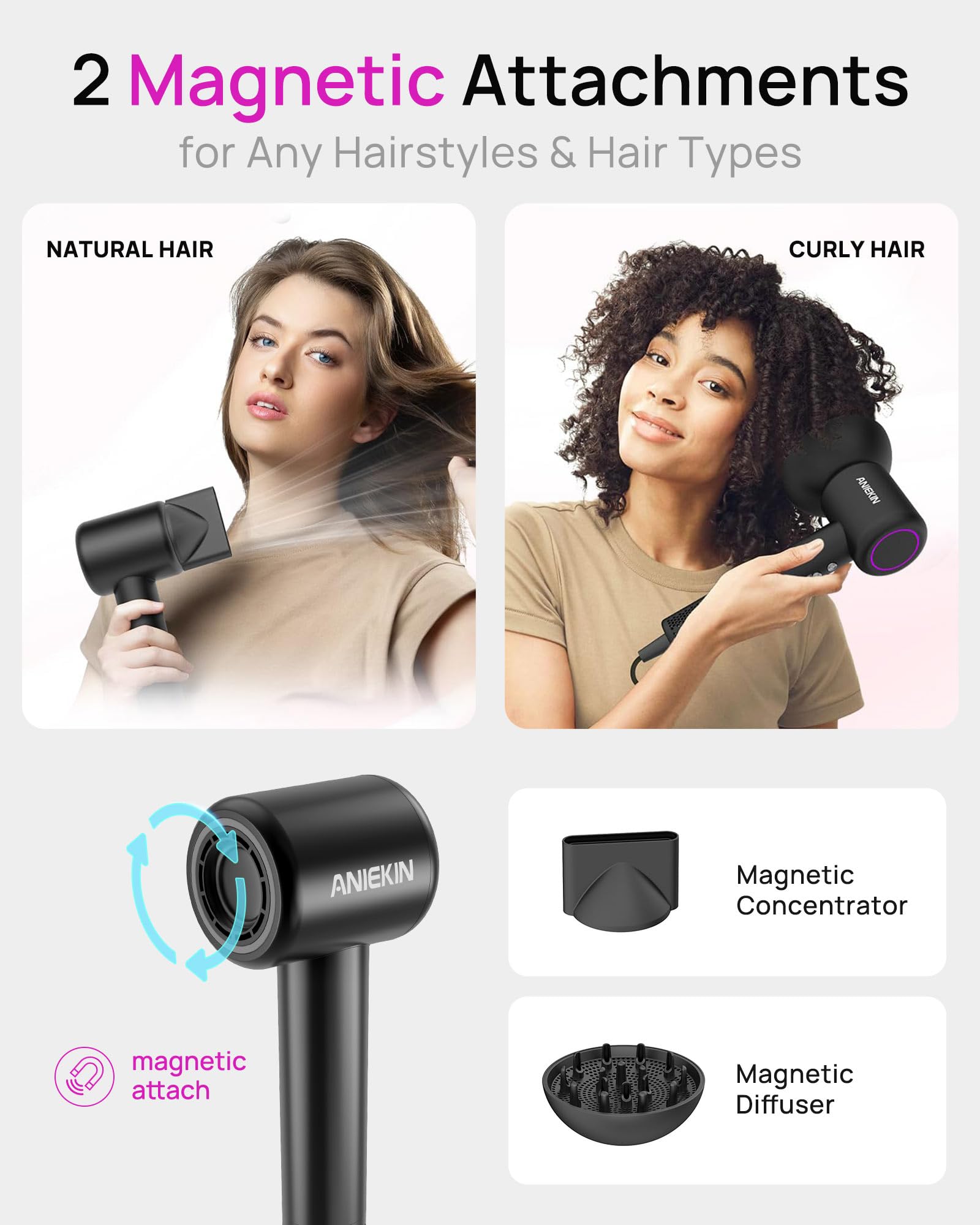 Tecnología de iones negativos para reducir estática y frizz.