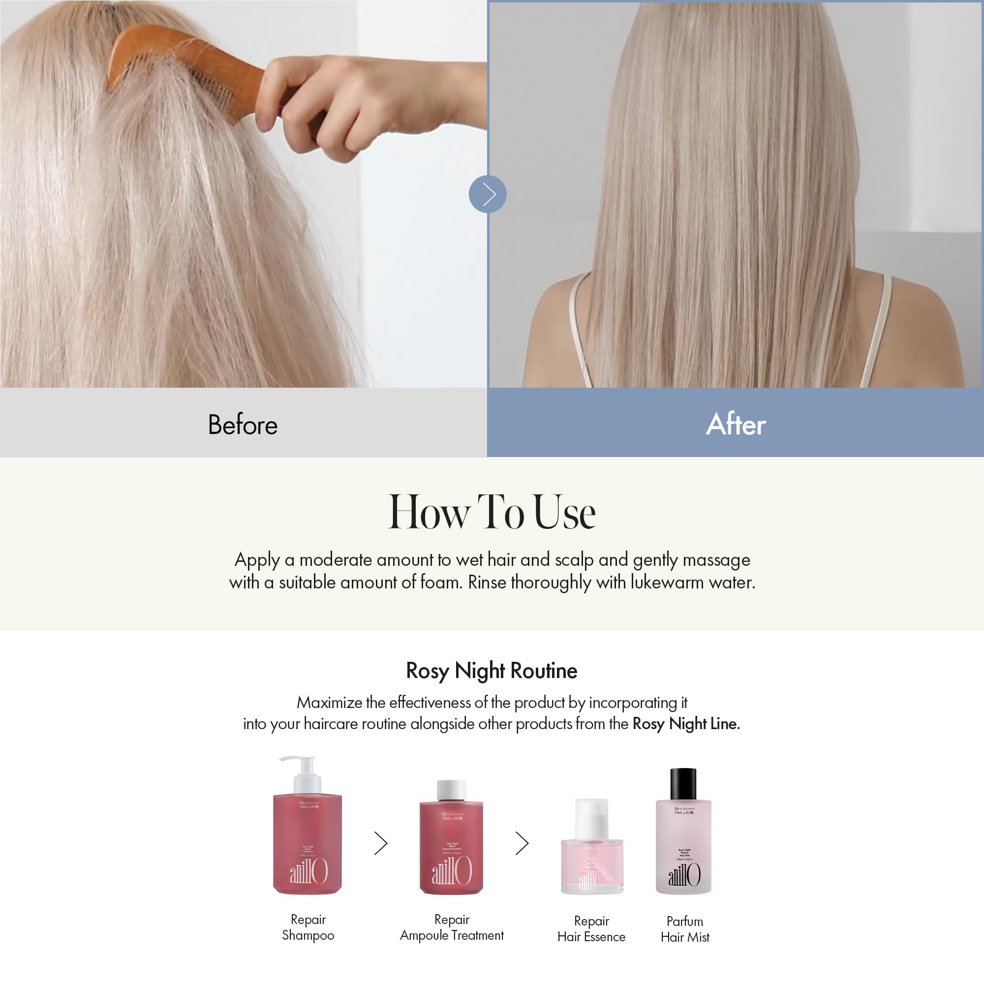Ensemble prêt à l’emploi pour la routine capillaire ANILLO Rosy Night Repair.