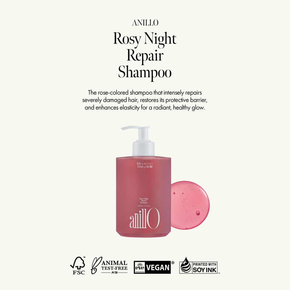 ANILLO Rosy Night Repair Shampoo – ingrédients à base de rose pour nourrir les cheveux.
