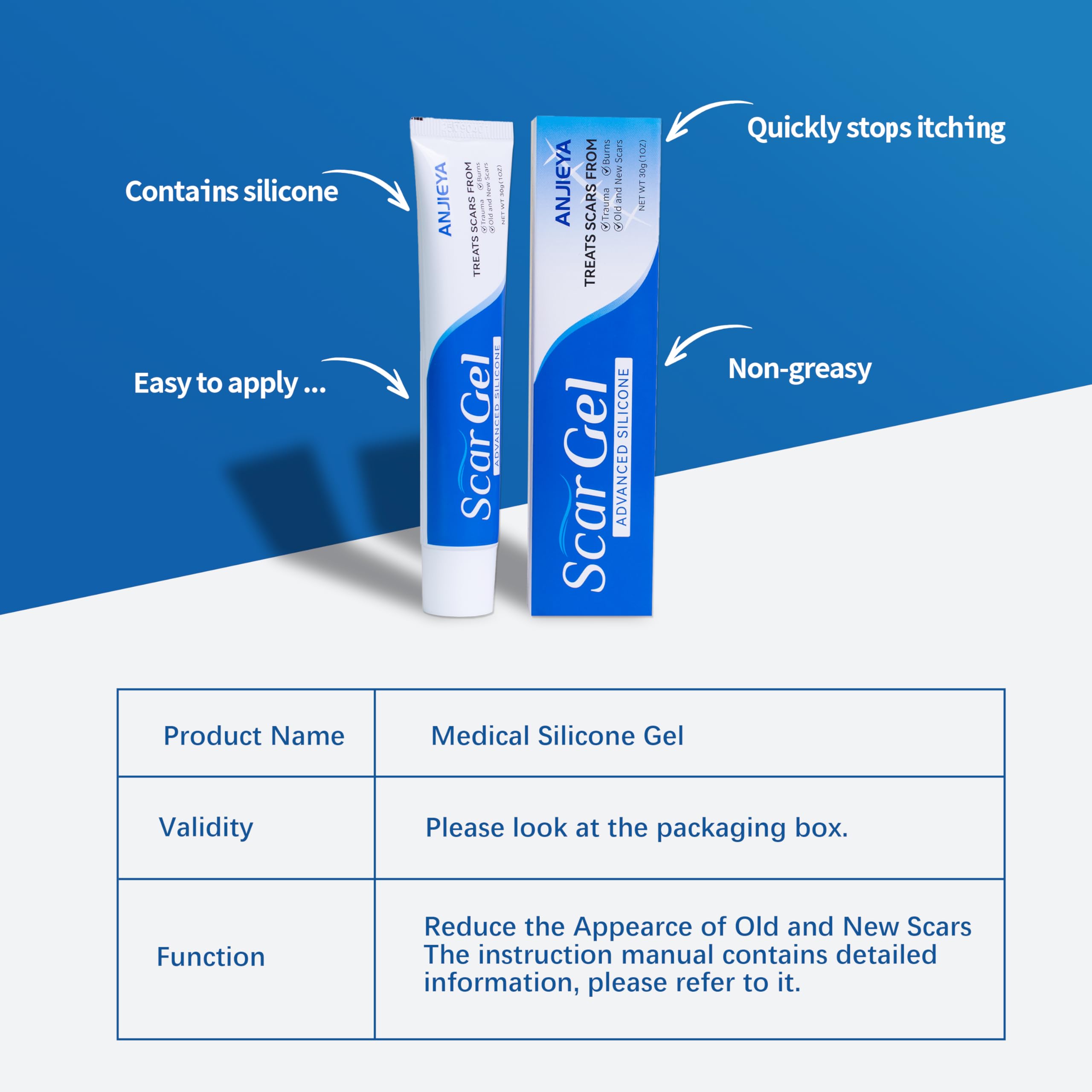 ANJIEYA gel de cicatrices silicona, seguro para piel sensible y cicatrices comunes.