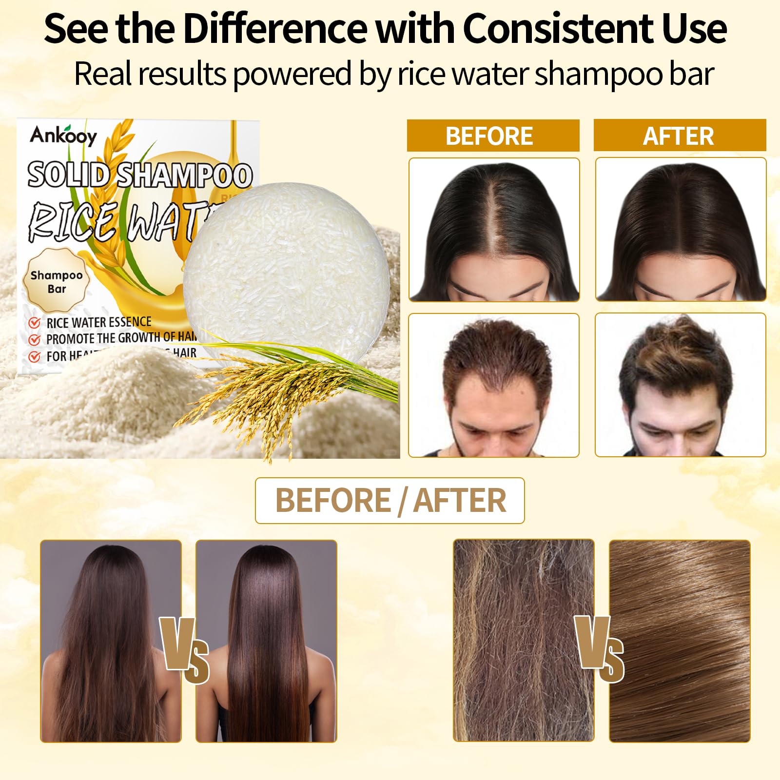 ANKOOY Rice Water Shampoo Bar textura detalle, acabado suave y natural