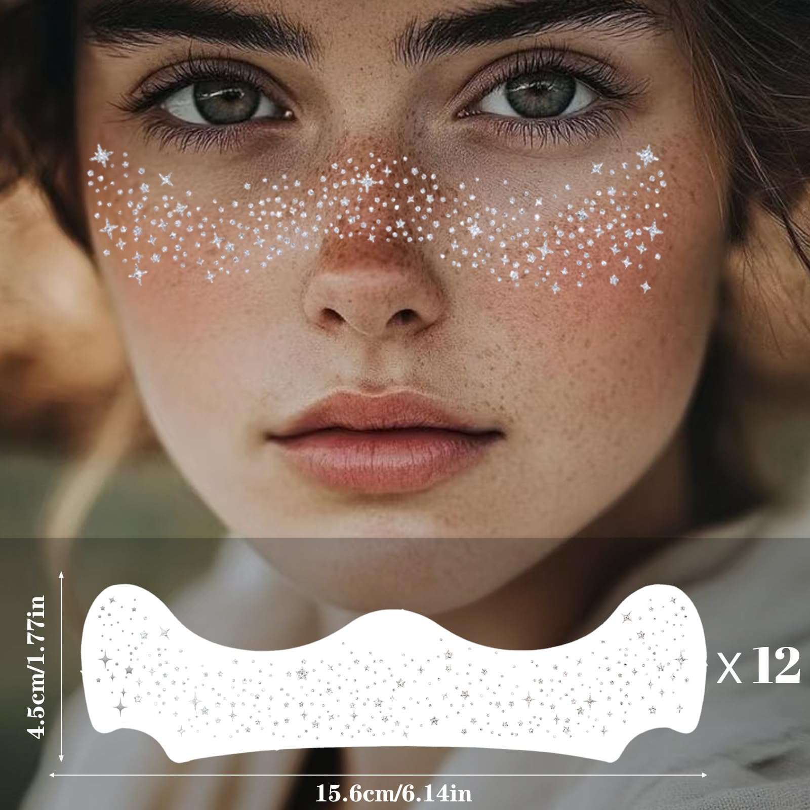 Anmubag arte facial con brillos holográficos, perfecto para maquillaje de escenario.