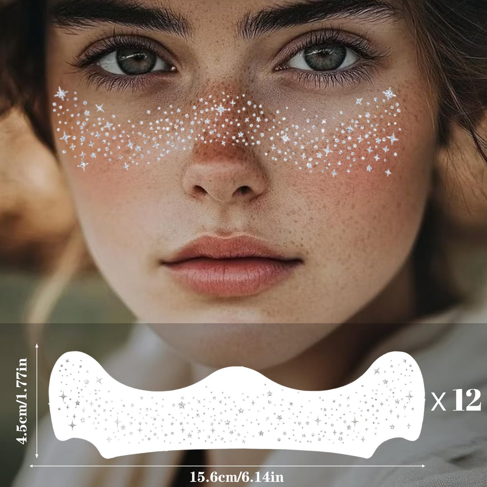 Anmubag arte facial con brillos holográficos, perfecto para maquillaje de escenario.