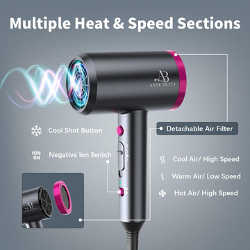 ANNE BETTY secador con ajustes de temperatura para cabello delicado
