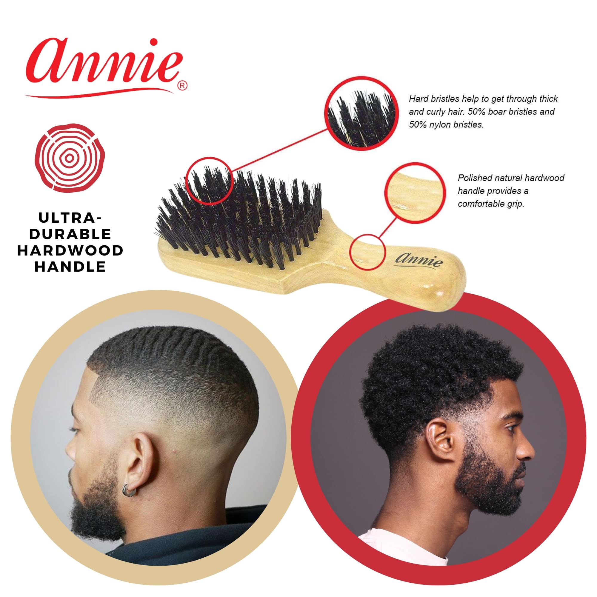 Detalle de cerdas reforzadas de Annie para cabello suave y manejable.