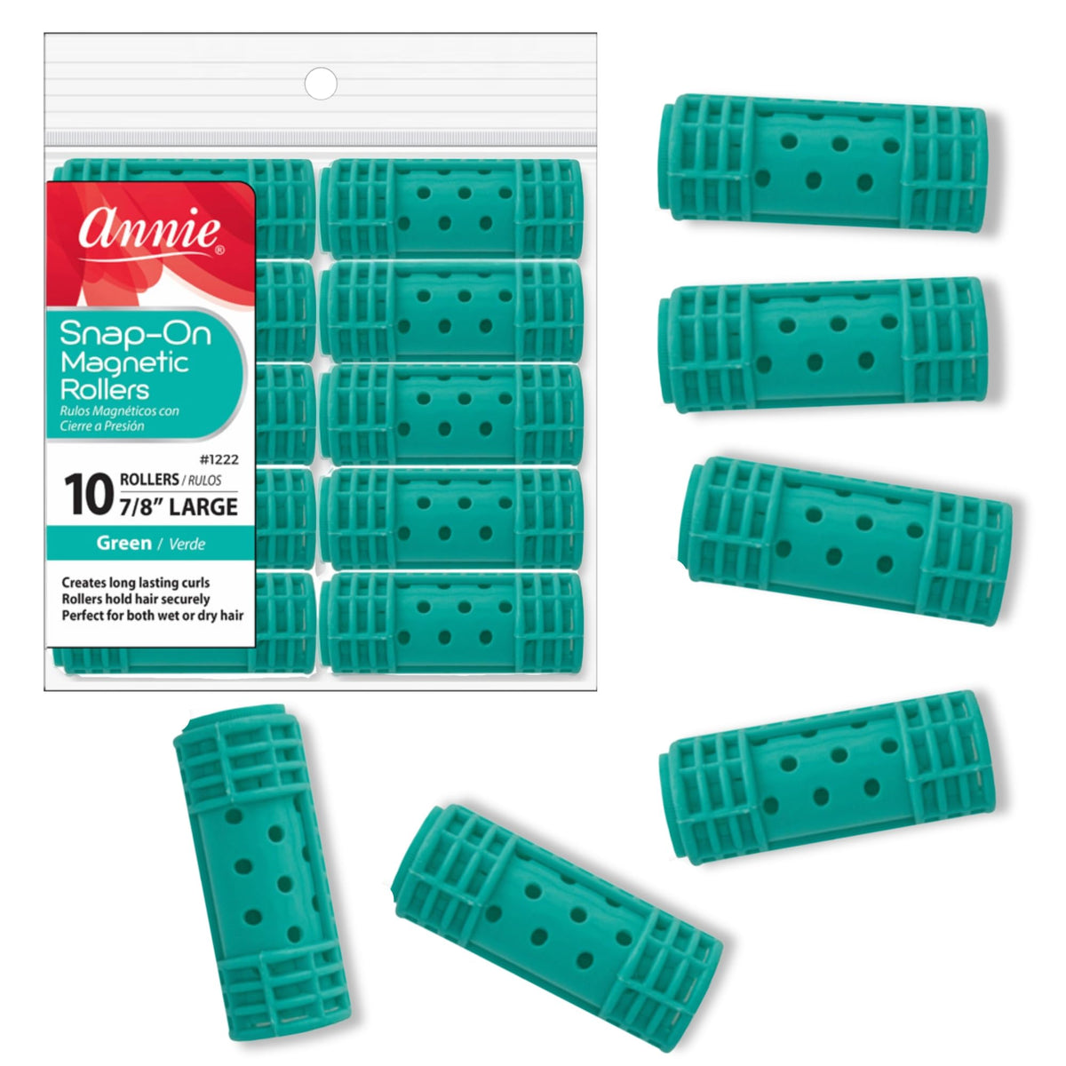 Annie rodillos magnéticos 7-8 pulgadas con cierre tipo tapa para fijación segura.