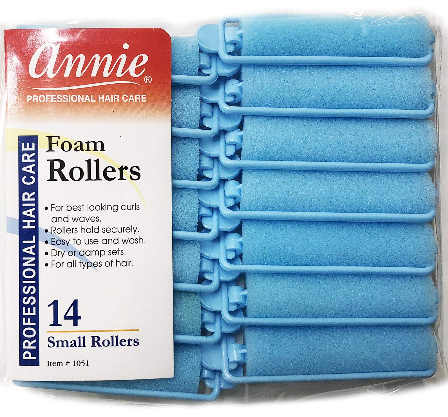 Detalle de rodillos de espuma azules Annie para rizos suaves sin calor.