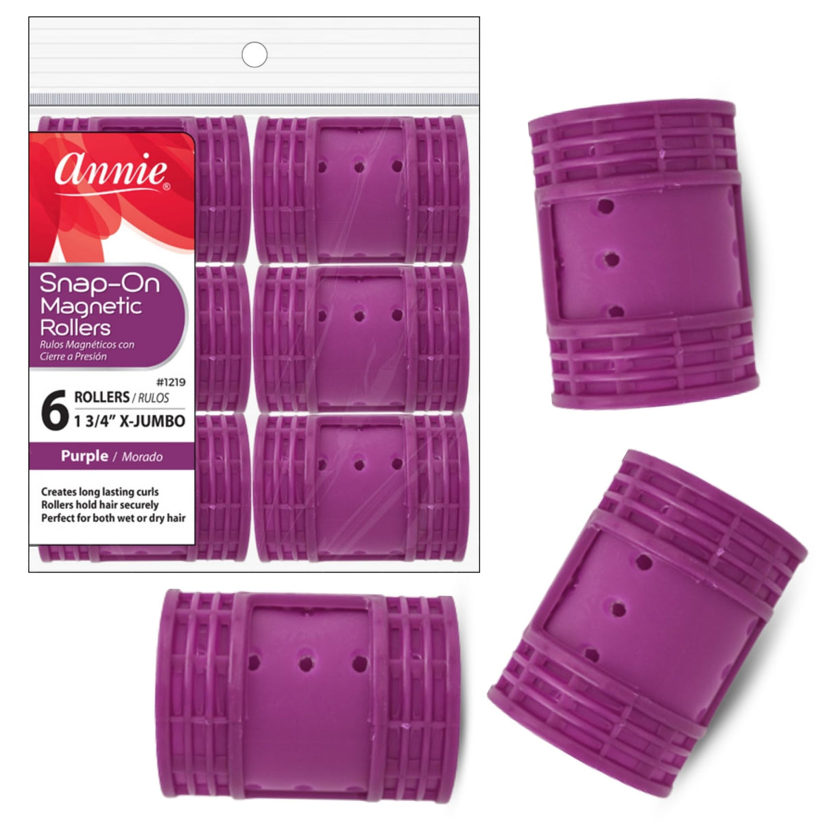 Annie Snap-On rodillos magnéticos extra jumbo con tapa de cierre, fijan el cabello sin clips.
