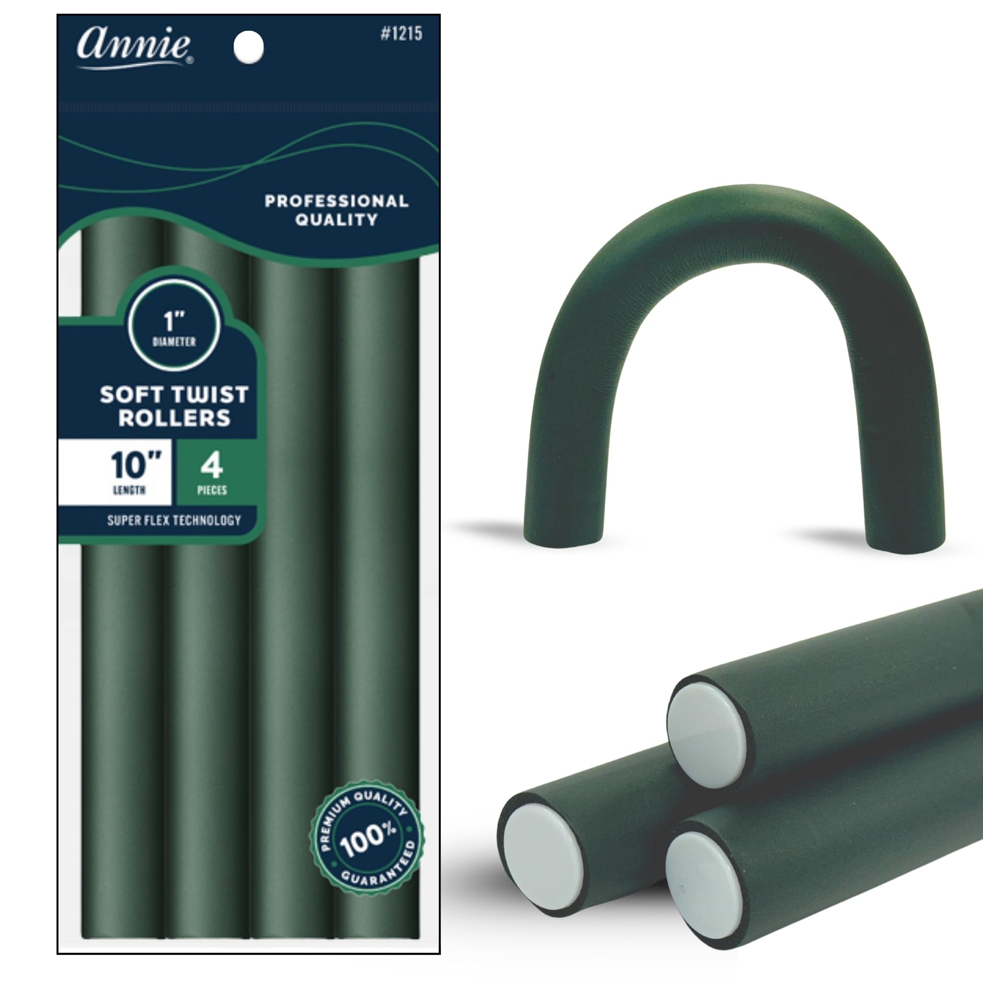 Annie Soft Twist Rodillos: diámetro 1 pulgada, 10 pulgadas, rizos sin calor, verde oscuro.