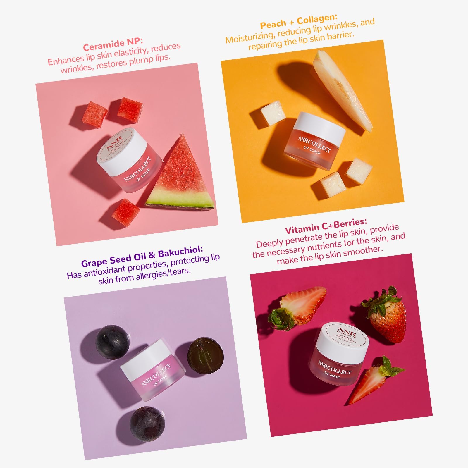 ANRCOLLECT Ingredientes Clave: karité y jojoba hidratan y suavizan labios.