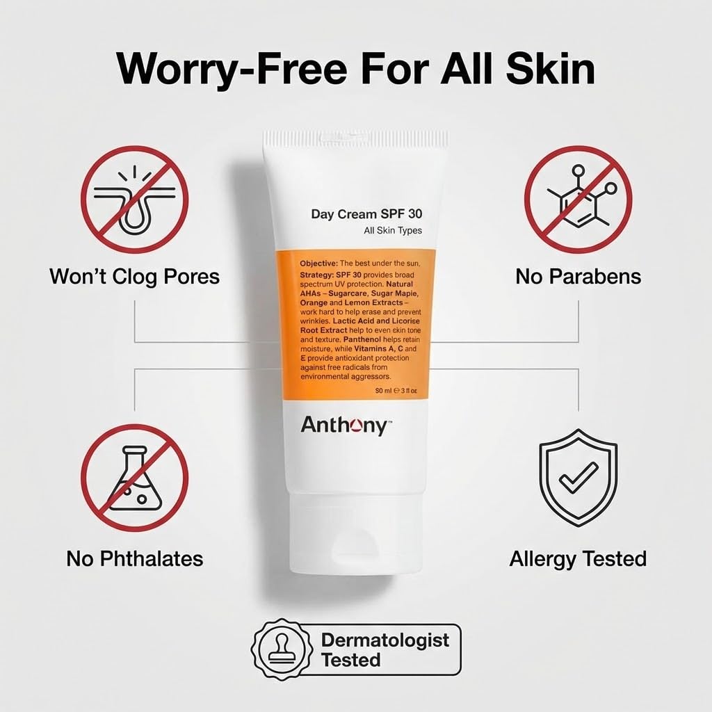 Anthony Crème Jour SPF30 — adaptée à tous les types de peau et facile à porter.