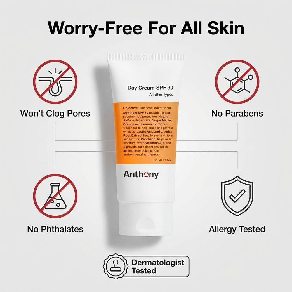 Anthony Crème Jour SPF30 — adaptée à tous les types de peau et facile à porter.