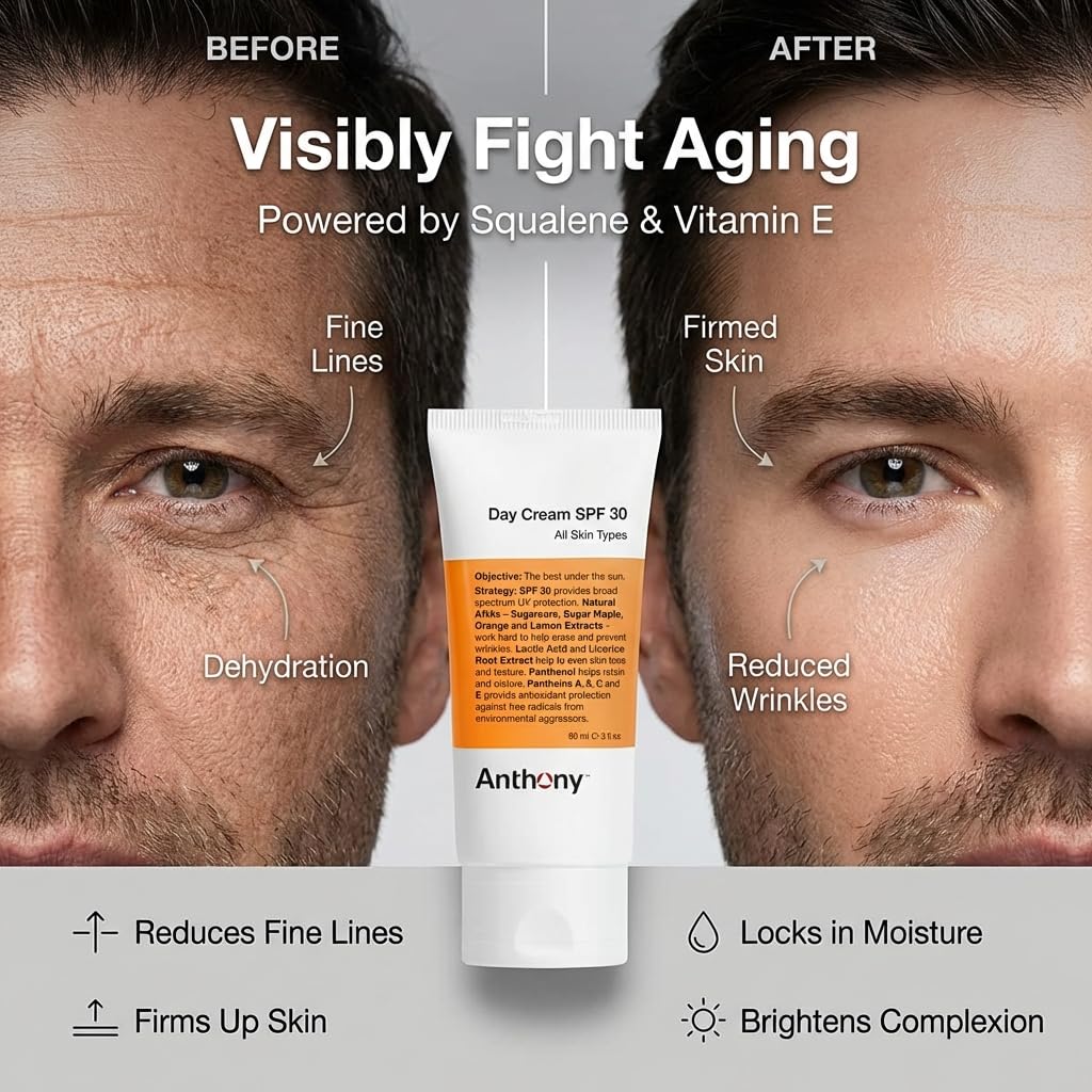Anthony Crème Jour SPF30 — texture légère qui pénètre rapidement sans film gras.
