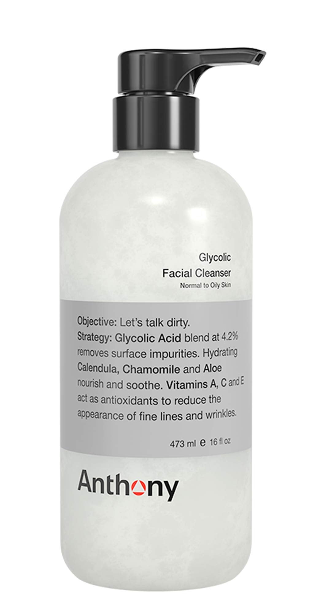 Anthony Glycolic Facial Cleanser, bouteille pompe : exfoliation légère pour peau nette et prête au rasage.