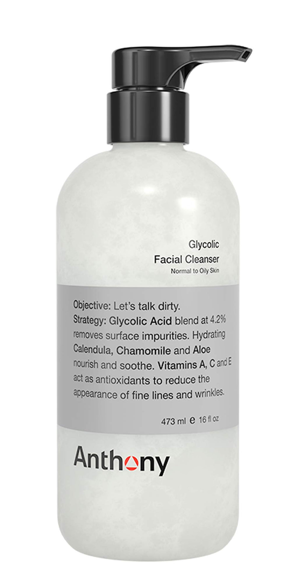 Anthony Glycolic Facial Cleanser, bouteille pompe : exfoliation légère pour peau nette et prête au rasage.