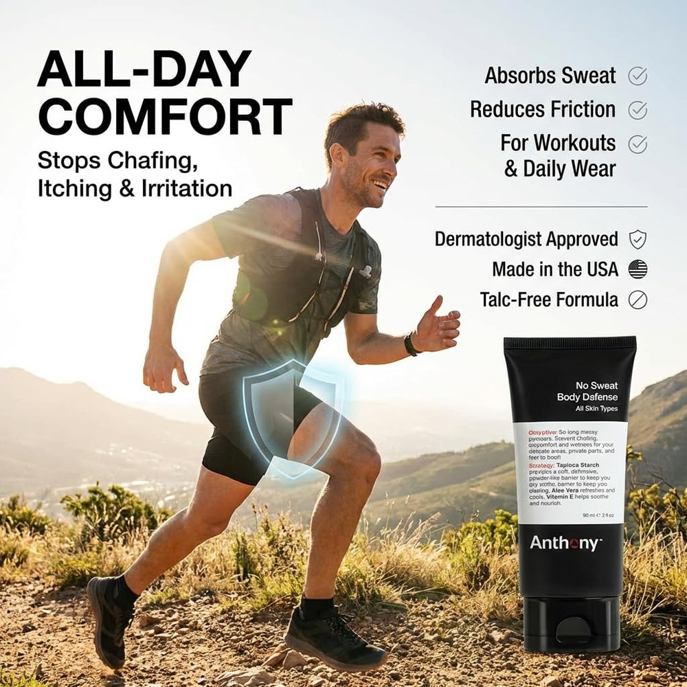 Anthony No Sweat cream-to-powder finish provides a smooth, breathable barrier after application