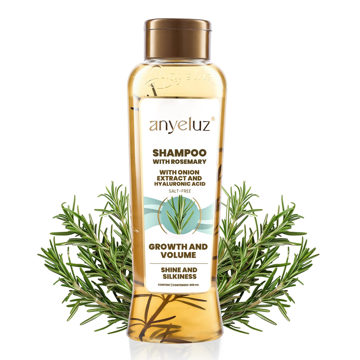 Anyeluz Champú Romero, botella visible, promueve cabello más fuerte y protegido.